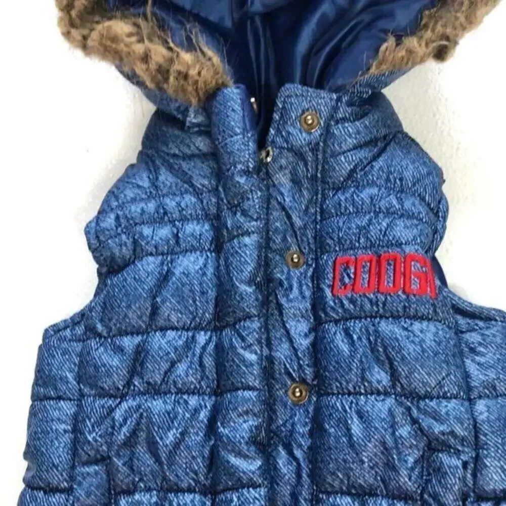 COOGI Kids Denim Blue Puffer‎ Vest Hooded Faux Fur Trimmed